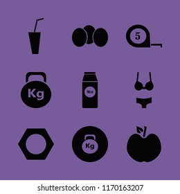 diet vector icons set. with tape measure, pack milk, weight and nut in set
