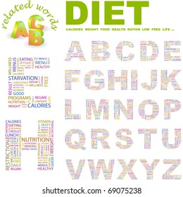 DIET. Vector letter collection. Illustration with different association terms.