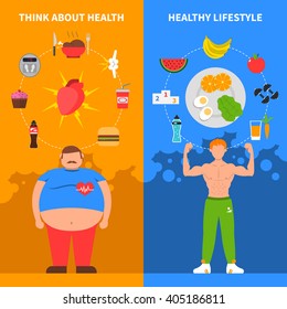 Diet vertical flat banners with fat man young athlete healthy lifestyle icons and junk food set vector illustration