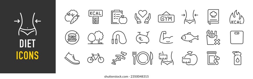 Diet web icons in line style. Healthy food, zero sugar, vegetables, water, sport, fitness, collection. Vector illustration.