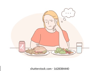 Diet, Weight Loss, Choice, Fast Or Vegan Food Concept. Young Thoughtful Woman Cant Choose Between Fast Or Vegetarian Food. Fat Girl Is Thinking About Junk And Healthy Food. Simple Flat Vector