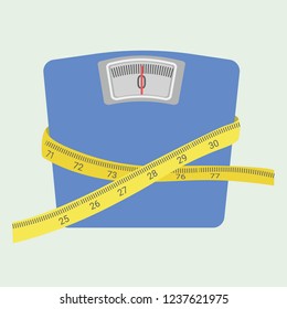 Diet and weight loss concept, blue scales with a tape measure wrapped around it, vector illustration