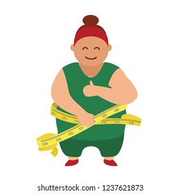 Diet And Weight Loss Concept, Overweight Woman Measuring Her Waist With Tape Measure, Vector Illustration