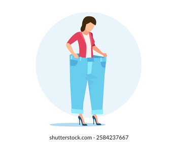 Diet, weight loss concept. Young woman trying  her old jeans after successful diet. 