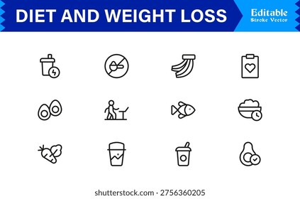 Diet and Weight Loss Essentials – Professional Line Icon Set Featuring Minimal, Modern, and Pixel-Perfect Designs for Health and Wellness Themes