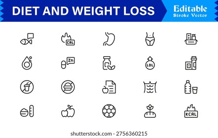 Diet and Weight Loss Essentials – Professional Line Icon Set Featuring Minimal, Modern, and Pixel-Perfect Designs for Health and Wellness Themes