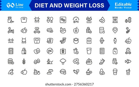 Diet and Weight Loss Essentials – Professional Line Icon Set Featuring Minimal, Modern, and Pixel-Perfect Designs for Health and Wellness Themes