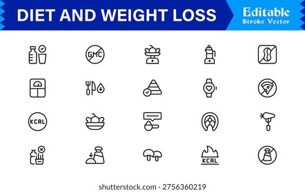 Diet and Weight Loss Essentials – Professional Line Icon Set Featuring Minimal, Modern, and Pixel-Perfect Designs for Health and Wellness Themes