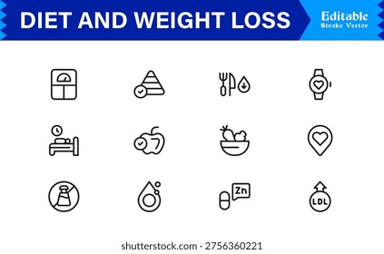 Diet and Weight Loss Essentials – Professional Line Icon Set Featuring Minimal, Modern, and Pixel-Perfect Designs for Health and Wellness Themes