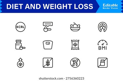 Diet and Weight Loss Essentials – Professional Line Icon Set Featuring Minimal, Modern, and Pixel-Perfect Designs for Health and Wellness Themes