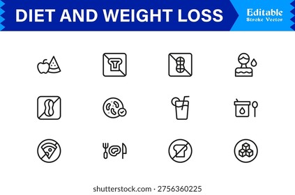 Diet and Weight Loss Essentials – Professional Line Icon Set Featuring Minimal, Modern, and Pixel-Perfect Designs for Health and Wellness Themes