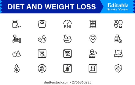 Diet and Weight Loss Essentials – Professional Line Icon Set Featuring Minimal, Modern, and Pixel-Perfect Designs for Health and Wellness Themes