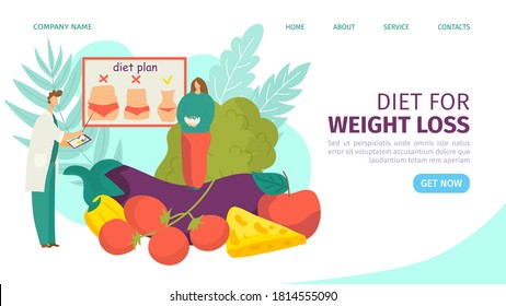 Diet and weight loss landing page vector illustration. Nutritionist and diet plan with vegetables, fruit and fat woman. Nutrition diet, weight-management, individual dietary web service concept.