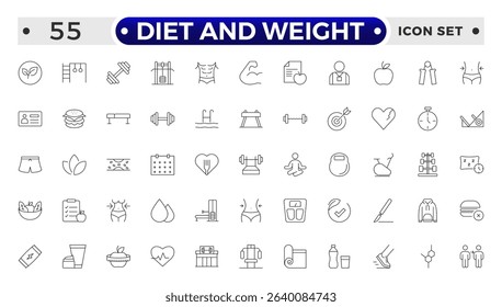 Diet and weight loss outline icon set. Gym and fitness web icon set. Containing healthy lifestyle, weight training, body care and workout or exercise equipment icons.
