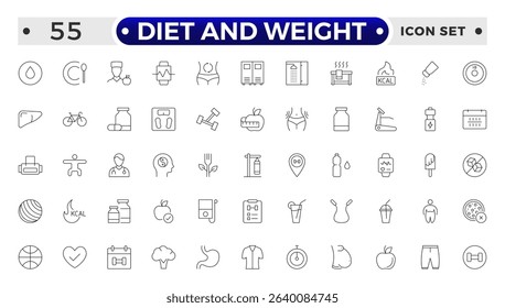Diet and weight loss outline icon set. Gym and fitness web icon set. Containing healthy lifestyle, weight training, body care and workout or exercise equipment icons.
