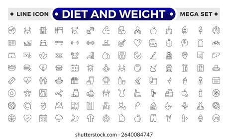 Diet and weight loss outline icon set. Gym and fitness web icon set. Containing healthy lifestyle, weight training, body care and workout or exercise equipment icons.
