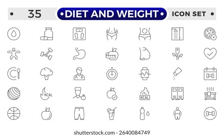 Diet and weight loss outline icon set. Gym and fitness web icon set. Containing healthy lifestyle, weight training, body care and workout or exercise equipment icons.
