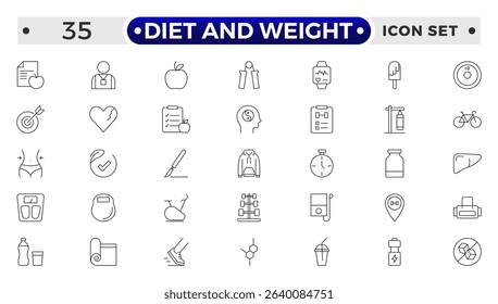 Diet and weight loss outline icon set. Gym and fitness web icon set. Containing healthy lifestyle, weight training, body care and workout or exercise equipment icons.
