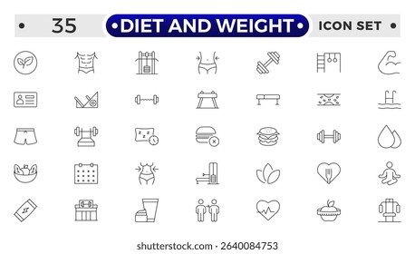 Diet and weight loss outline icon set. Gym and fitness web icon set. Containing healthy lifestyle, weight training, body care and workout or exercise equipment icons.
