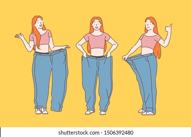 Diet, weight loss, slimming concept. Slim waist of young woman showing her old jeans after successful diet. Simple flat vector.