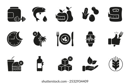 Diet, Weight Management, and Healthy Living Glyph Sign. Nutrition and Fitness Silhouette Icon Set. Food, Diet, and Lifestyle Elements. Isolated Vector Illustration.