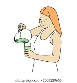 Diet woman drinking a green juice handdrawn illustration