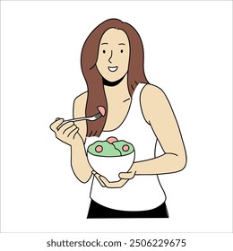 Diet woman eat healthy food handdrawn illustration