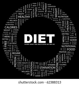 DIET. Word collage on black background. Illustration with different association terms.