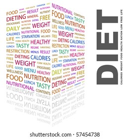 DIET. Word collage on white background. Illustration with different association terms.