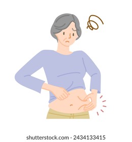 Diet worries: Senior woman pinching her stomach with her hands (menopausal)