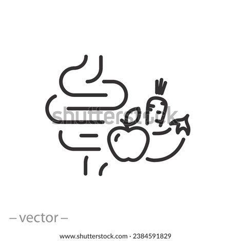 dietary food icon, dietary fibre, good digestion, intestines with vegetable, thin line symbol on white background - editable stroke vector illustration