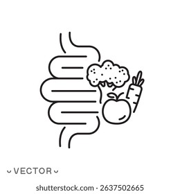 dietary food icon, good digestion, intestines with vegetable and fruit concept, thin line symbol isolated on white background, editable stroke eps 10 vector illustration