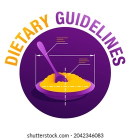 Dietary Guidelines Icon - Advices On What To Eat And Drink To Meet Nutrient Needs, Promote Health And Prevent Disease. Isolated Vector Slogan