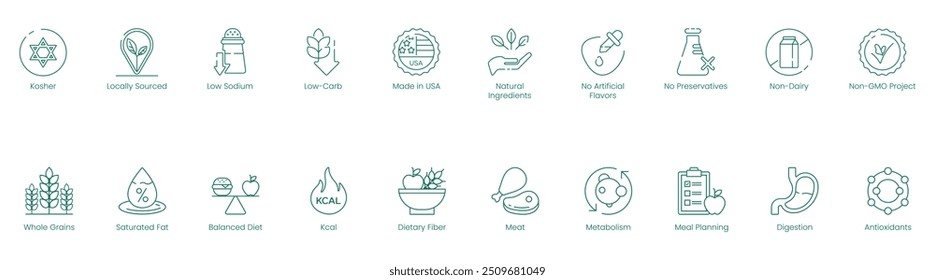 Iconos de los estándares dietéticos y de salud: Kosher, de origen local, bajo en sodio, bajo en carbohidratos, hecho en EE. UU., ingredientes naturales, sin sabores artificiales, sin conservantes, no lácteos, proyecto no transgénico, granos integrales