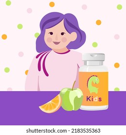 Dietary kids supplements, Child, girl with vitamins, person with bottle of medicines, Kid's daily supplements, Natural vitamins. Flat vector illustration.