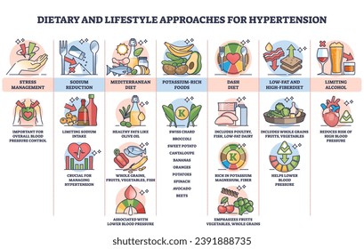 Esquema de esquema de estilos de vida dietéticos para el tratamiento de la hipertensión. Plan educativo etiquetado con hábitos diarios para evitar y recomendar la ilustración vectorial de los productos alimenticios. Salud cardiovascular