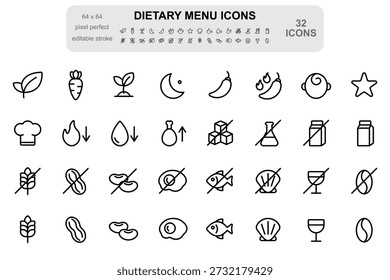 Dietary menu outline icon set designed for restaurant and cafe menus. Includes food preference, diet restriction, and allergen symbols such as vegan, vegetarian, spicy, alcohol, sugar, dairy, egg, seafood, nuts, and gluten. Clean outline style with editable strokes, ideal for printed menus, QR menus, food labels, websites, and food delivery apps.