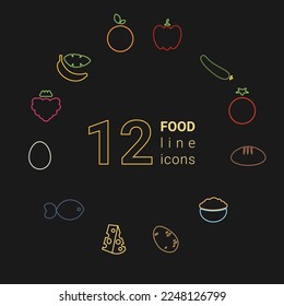 The dietary nutrition food outline icon set fruits and vegetables with egg, fish, hard cheese, oatmeal, and bread. Healthy eating concept vector illustration