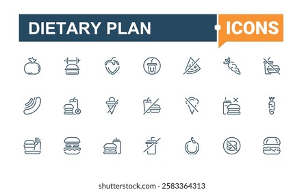 Dietary Plan linear icon collection. Featuring dietary, control, gut flora, plan, vegan, grain, eating and more. Isolated icons design. Editable stroke.