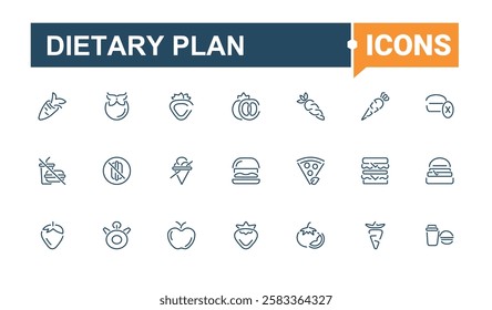 Dietary Plan linear icon collection. Featuring dietary, control, gut flora, plan, vegan, grain, eating and more. Isolated icons design. Editable stroke.