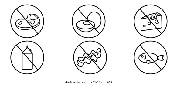 Dietary Restrictions and Food Allergens Icons. No Meat, Egg, Dairy, Fish, Bacon, Cheese