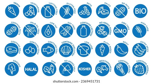 Dietary restrictions icon set with elements such as vegan, vegetarian, keto, gluten free, dairy free, sugar free etc, round blue vector icons.	