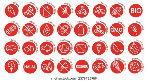 Dietary restrictions icon set with elements such as vegan, vegetarian, keto, gluten free, dairy free, sugar free etc, round red vector icons.	