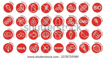 Dietary restrictions icon set with elements such as vegan, vegetarian, keto, gluten free, dairy free, sugar free etc, round red vector icons.	