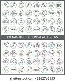 Dietary restrictions such as vegan, vegetarian, keto and allergens such as peanuts, dairy, gluten thin line round text vector icons.