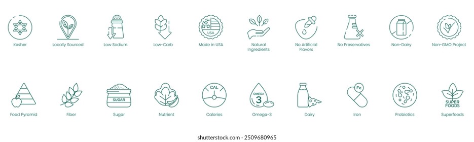 Estándares dietéticos e iconos de calidad: Kosher, de origen local, bajo en sodio, bajo en carbohidratos, hecho en EE. UU., ingredientes naturales, sin sabores artificiales, sin conservantes, no lácteos, proyecto no transgénico, pirámide alimentaria