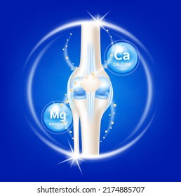 Dietary supplement bones. Arthritis knee joint pain in leg. Bone with Vitamins, Magnesium and Calcium. Medical healthcare skeleton x ray scan concept. Vector EPS10 illustration