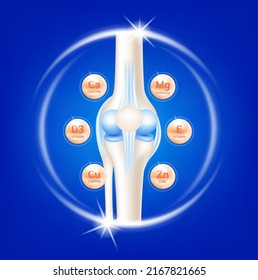 Dietary supplement bones. Bone with Calcium, Vitamins, Magnesium, Copper and Zinc. Arthritis knee joint pain in leg. Medical healthcare skeleton x ray scan concept. Vector EPS10 illustration