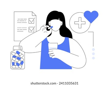 Complemento alimentario aislado ilustraciones vectoriales de dibujos animados. La sonriente toma vitaminas y suplementos dietéticos, con una cápsula y un vaso de agua, atención de la salud y dibujos animados de vectores de belleza.