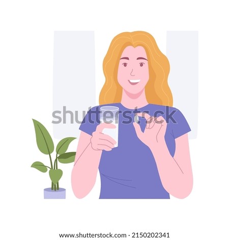 Dietary supplement isolated cartoon vector illustrations. Smiling girl takes vitamins and dietary supplement, holding a capsule and water glass, healthcare and beauty vector cartoon.